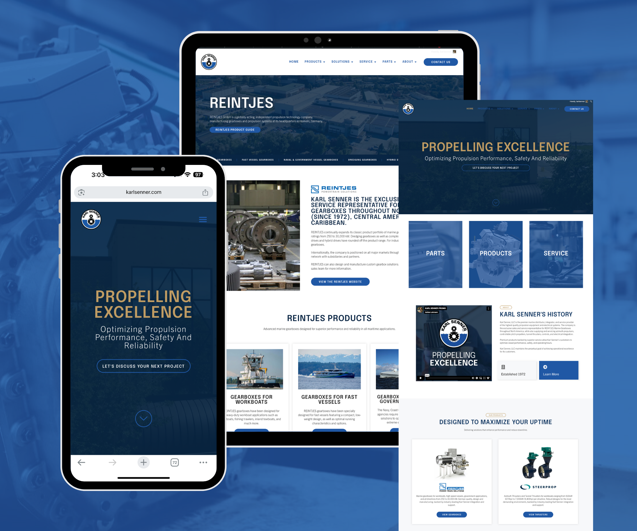 Custom WordPress website design for industrial marine company with responsive desktop and mobile layouts