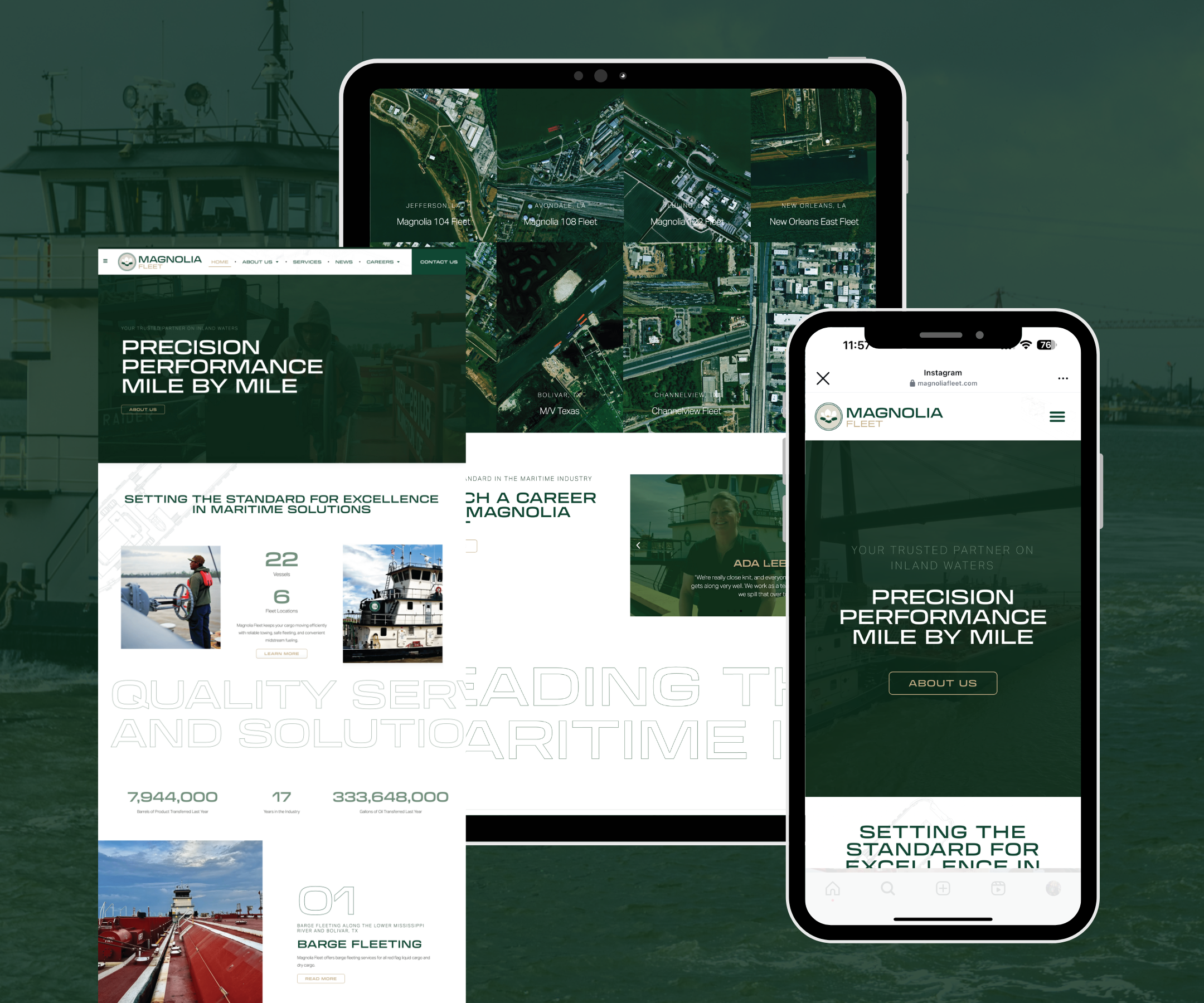 Maritime company website design with mobile and desktop layouts for fleet and logistics business